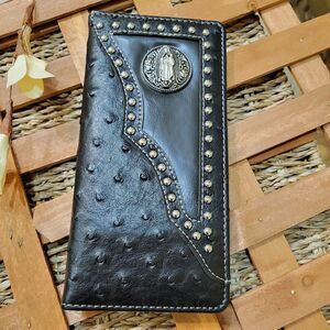 Mens wallet Virgen de Guadalupe Western Bifold W011-17 Ostrich Black check book